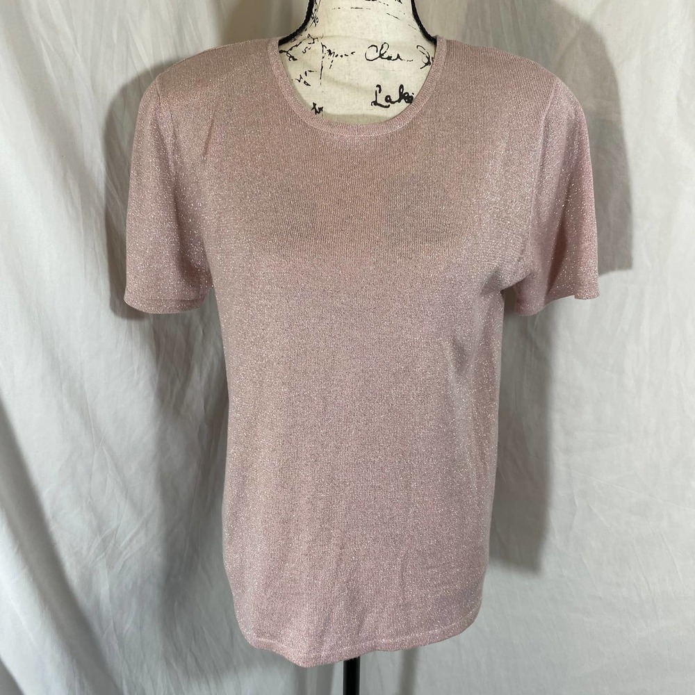 Patchington Crew Neck Short Sleeve Glitter Stretch Sweater W/Shoulder Pads Sz M